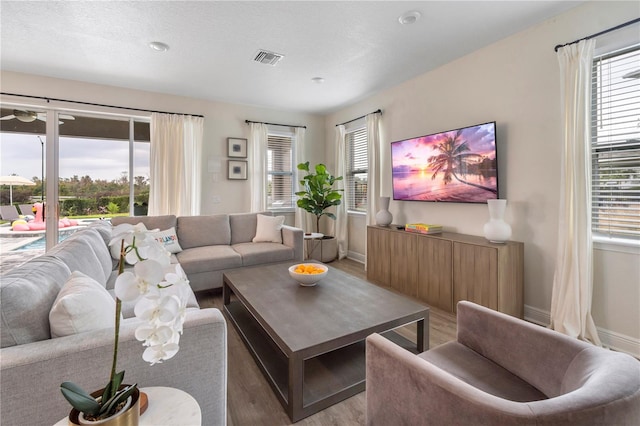 living room featuring a textured ceiling and light hardwood / wood-style flooring