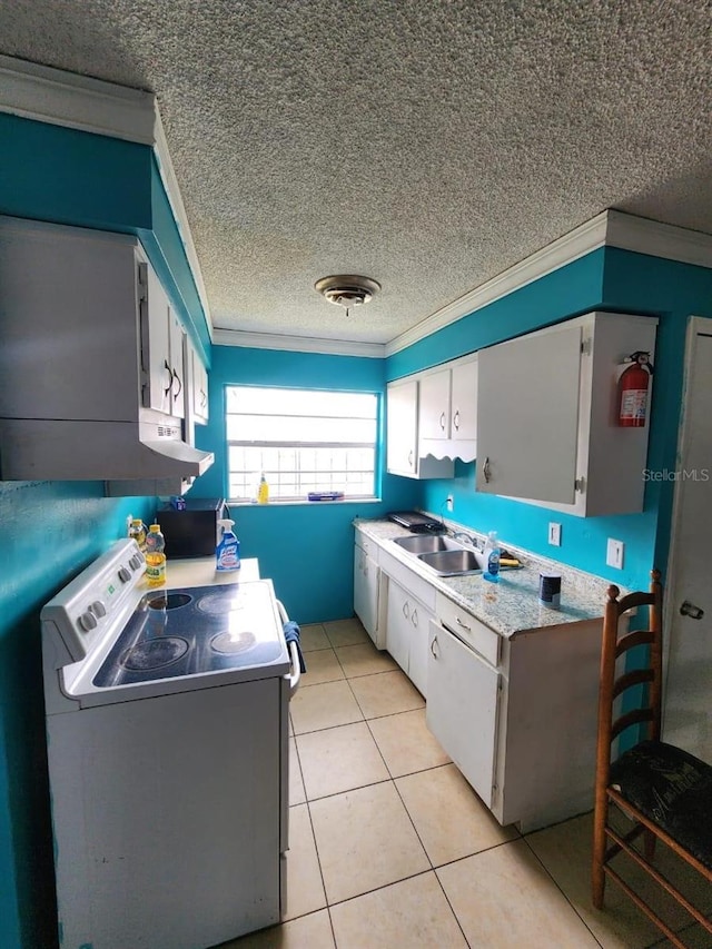 kitchen featuring a textured ceiling, crown molding, light tile patterned floors, and white electric stove