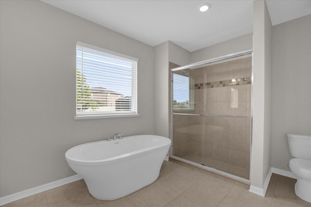 8064 Olive Brook Dr, Wesley Chapel, FL 33545 - full bath featuring tile patterned floors, toilet, a stall shower, baseboards, and a freestanding bath