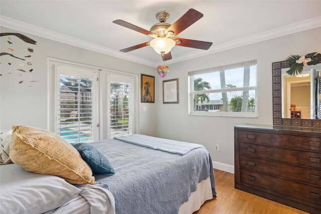 bedroom with ceiling fan, crown molding, access to outside, and light hardwood / wood-style flooring