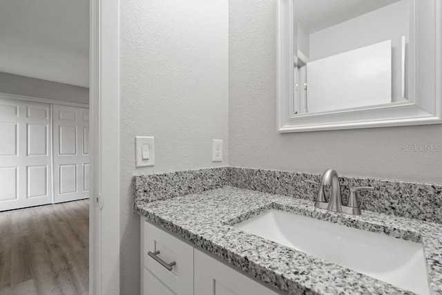 bathroom with vanity and wood-type flooring