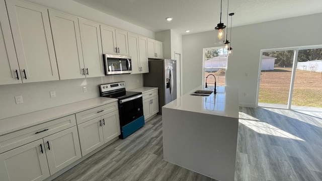 kitchen with pendant lighting, a center island with sink, light wood-type flooring, and appliances with stainless steel finishes