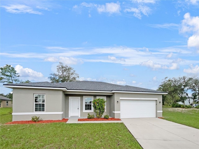 ranch-style home featuring a garage and a front lawn