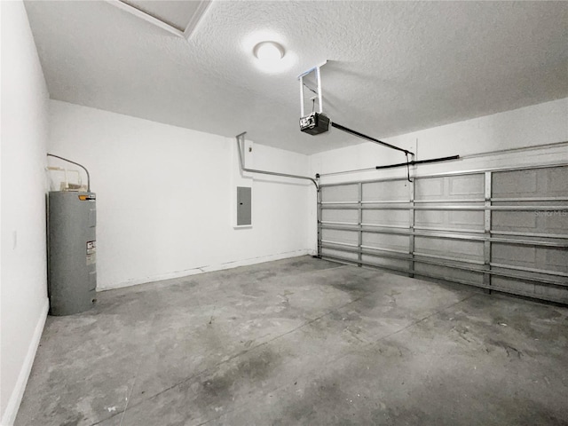 garage featuring electric panel, a garage door opener, and water heater