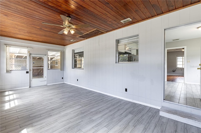 unfurnished room with wood walls, light wood-type flooring, wooden ceiling, and ceiling fan