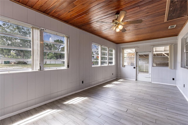 unfurnished sunroom with wood ceiling and ceiling fan