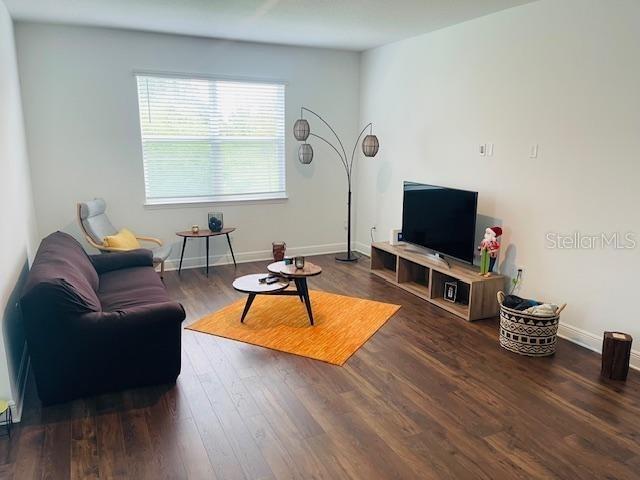 living room with dark hardwood / wood-style floors