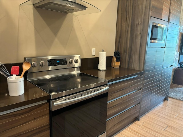 kitchen with exhaust hood, appliances with stainless steel finishes, and light hardwood / wood-style floors