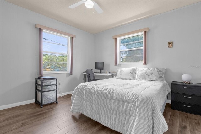 bedroom with ceiling fan, wood-type flooring, and multiple windows