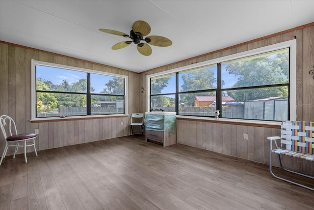 unfurnished sunroom with ceiling fan