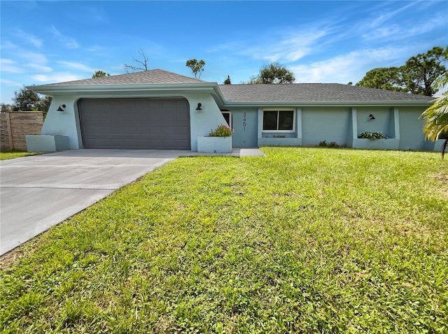 ranch-style home with a garage, a front yard, concrete driveway, and stucco siding