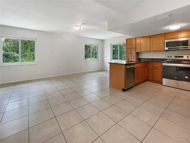 kitchen with appliances with stainless steel finishes, a healthy amount of sunlight, kitchen peninsula, and sink