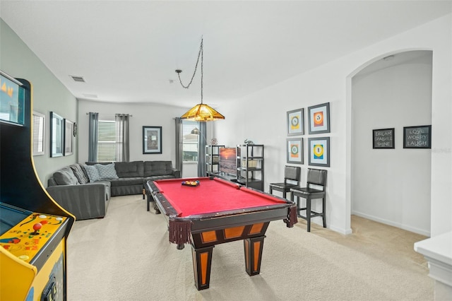 game room with visible vents, baseboards, billiards, arched walkways, and carpet flooring