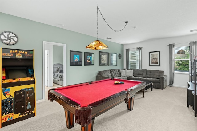 rec room with carpet floors, baseboards, pool table, and visible vents