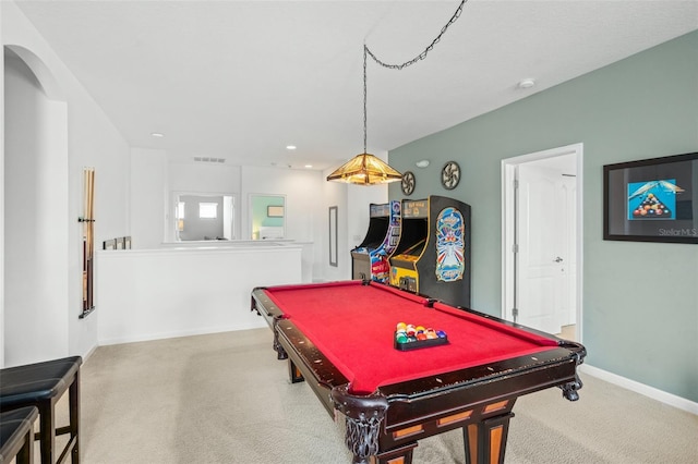 playroom with carpet floors, recessed lighting, baseboards, and pool table