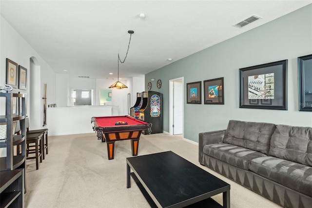 rec room with light colored carpet, billiards, and visible vents