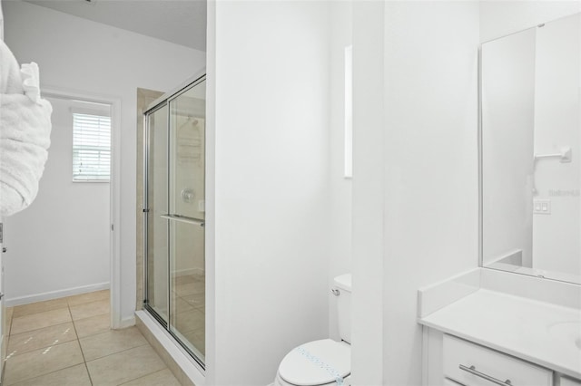 bathroom featuring vanity, tile patterned floors, a stall shower, and toilet