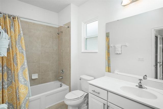 bathroom with vanity, tile patterned floors, shower / bath combination with curtain, and toilet