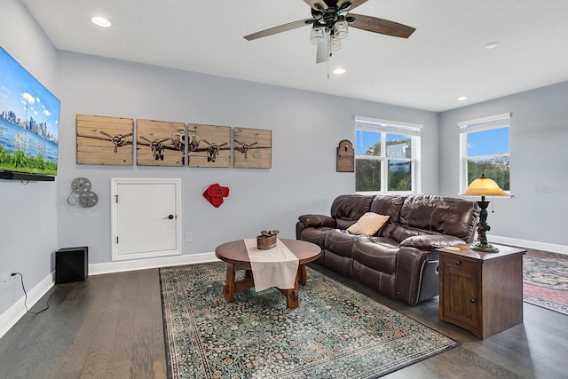 10472 Petrillo Way, Winter Garden, FL 34787 - living area featuring recessed lighting, baseboards, ceiling fan, and dark wood-style flooring