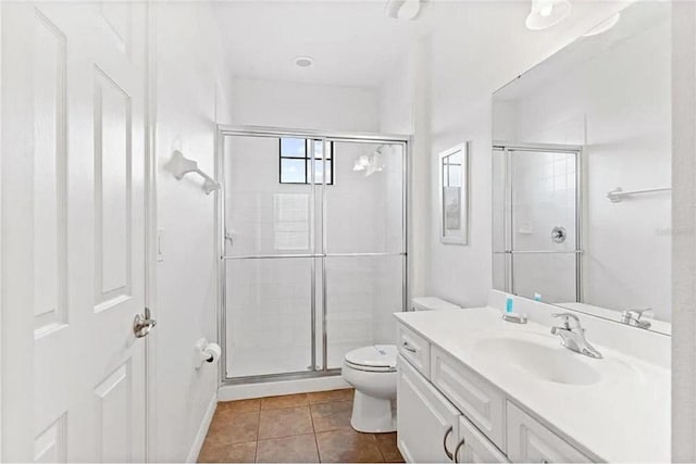 full bath with tile patterned flooring, a stall shower, toilet, and vanity