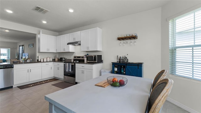 kitchen with stainless steel appliances, white cabinetry, and a wealth of natural light