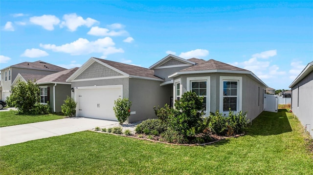 view of front of property featuring a front lawn and a garage