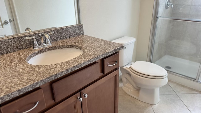 bathroom featuring tile patterned flooring, vanity, toilet, and a shower with shower door