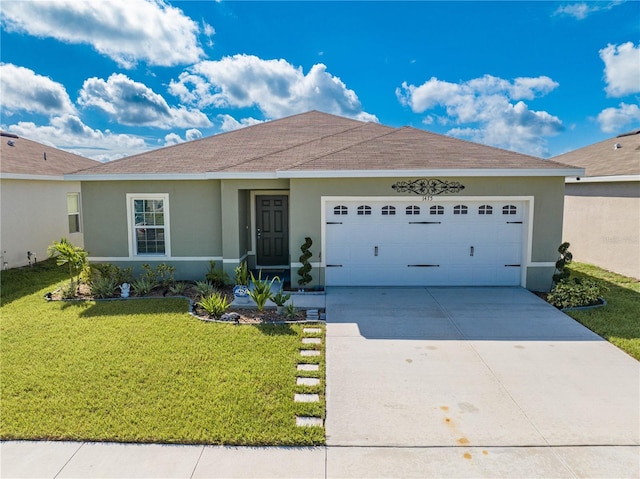 single story home with a garage and a front yard