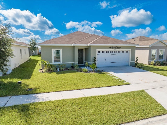 single story home with a garage and a front lawn