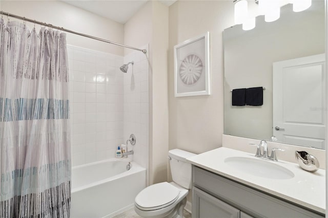 full bathroom featuring vanity, toilet, and shower / bathtub combination with curtain