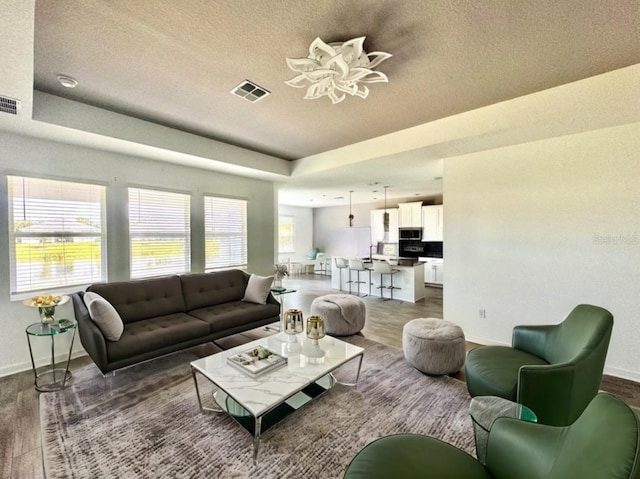 living room featuring a raised ceiling, a textured ceiling, and dark hardwood / wood-style floors