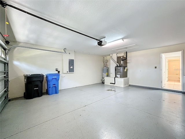 garage featuring a garage door opener, electric panel, heating unit, and water heater