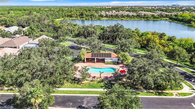 drone / aerial view with a water view