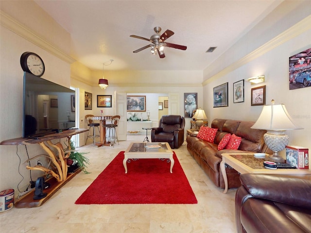 living room featuring ceiling fan