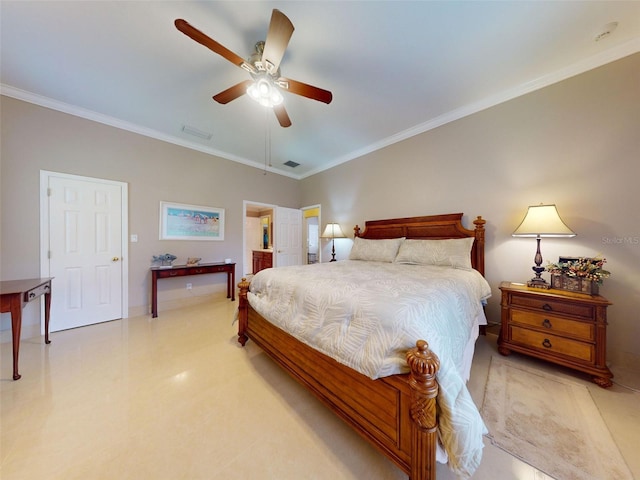 bedroom featuring crown molding and ceiling fan