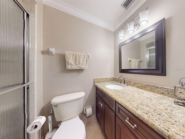 bathroom with ornamental molding, toilet, an enclosed shower, and vanity