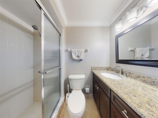 bathroom with crown molding, vanity, toilet, and walk in shower