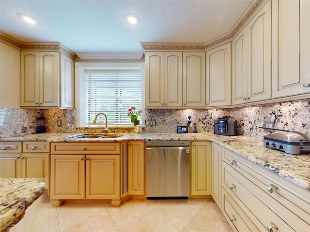 kitchen with sink, light tile patterned floors, dishwasher, light stone countertops, and decorative backsplash