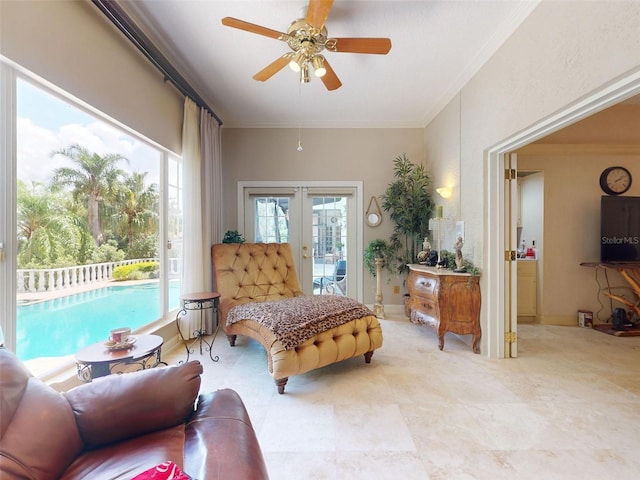 bedroom featuring crown molding, access to exterior, ceiling fan, and french doors