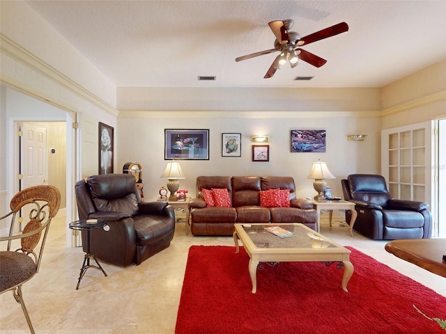 living room featuring ceiling fan