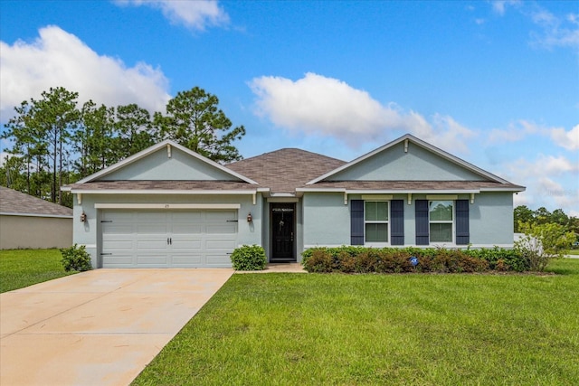 ranch-style home featuring a front yard and a garage