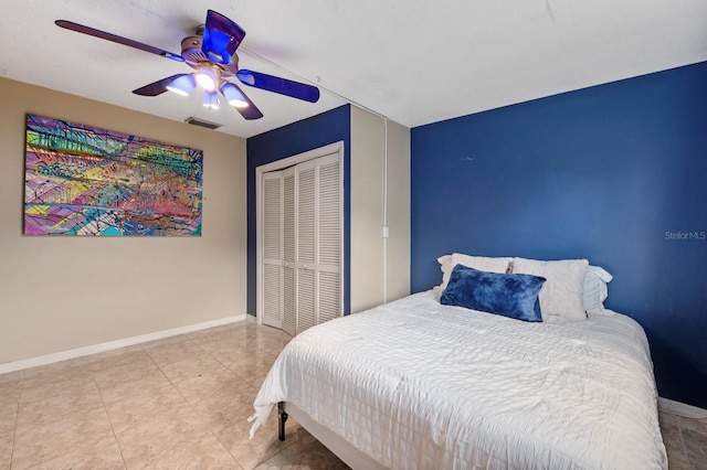 bedroom with ceiling fan and a closet