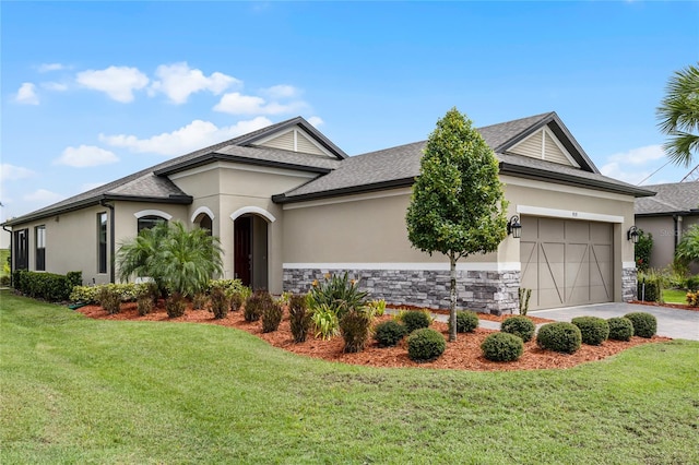 ranch-style house with a garage and a front yard