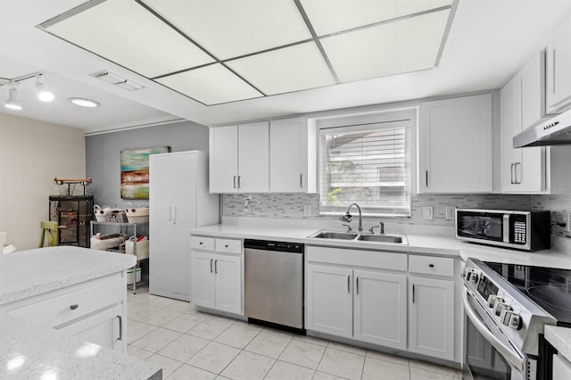 kitchen featuring white cabinets, stainless steel appliances, decorative backsplash, and sink