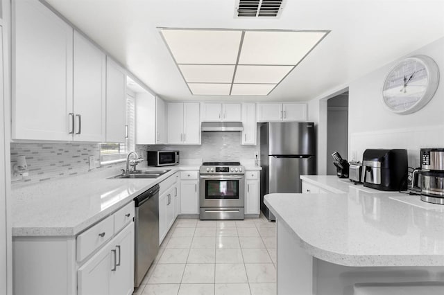 kitchen with white cabinets, stainless steel appliances, decorative backsplash, and sink