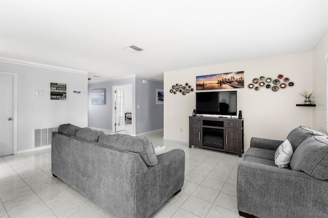 living room with crown molding