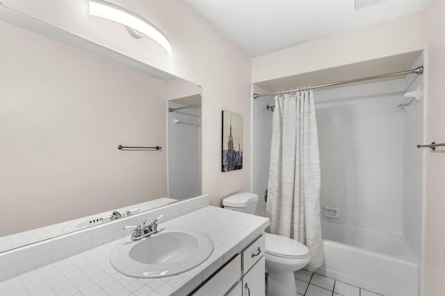 full bathroom with vanity, toilet, shower / tub combo, and tile patterned flooring