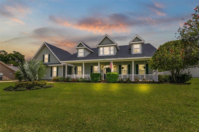 new england style home featuring covered porch and a yard