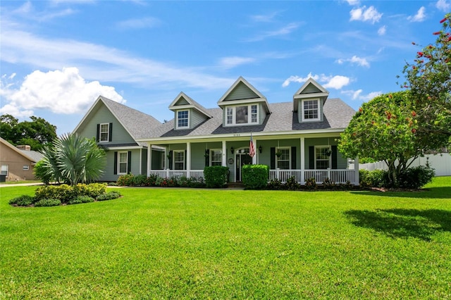 cape cod house featuring a porch and a front yard