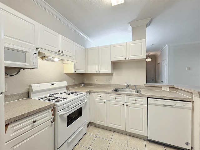 kitchen featuring white appliances, light tile patterned floors, ornamental molding, sink, and white cabinetry